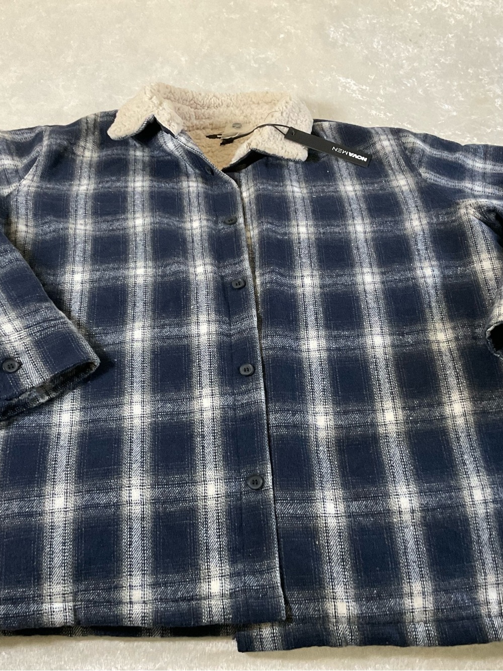 Fashion Nova Navy & White Plaid Sherpa-Lined Shirt Jacket New